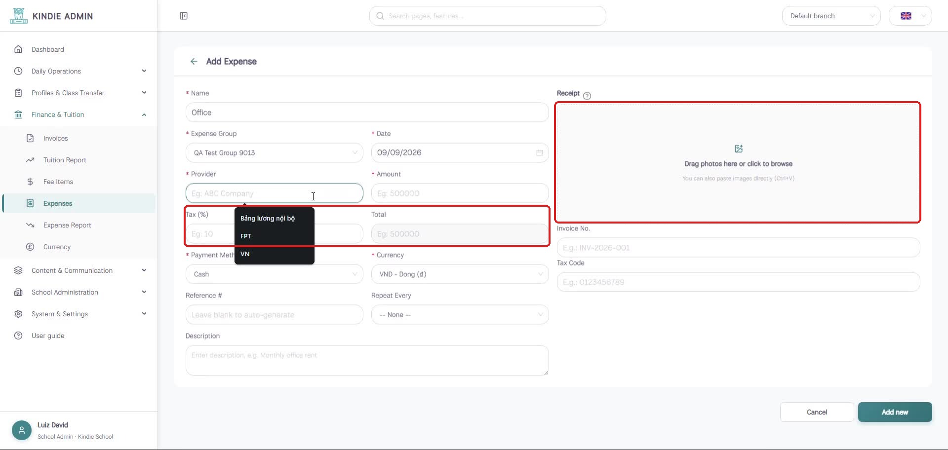 Add Expense form