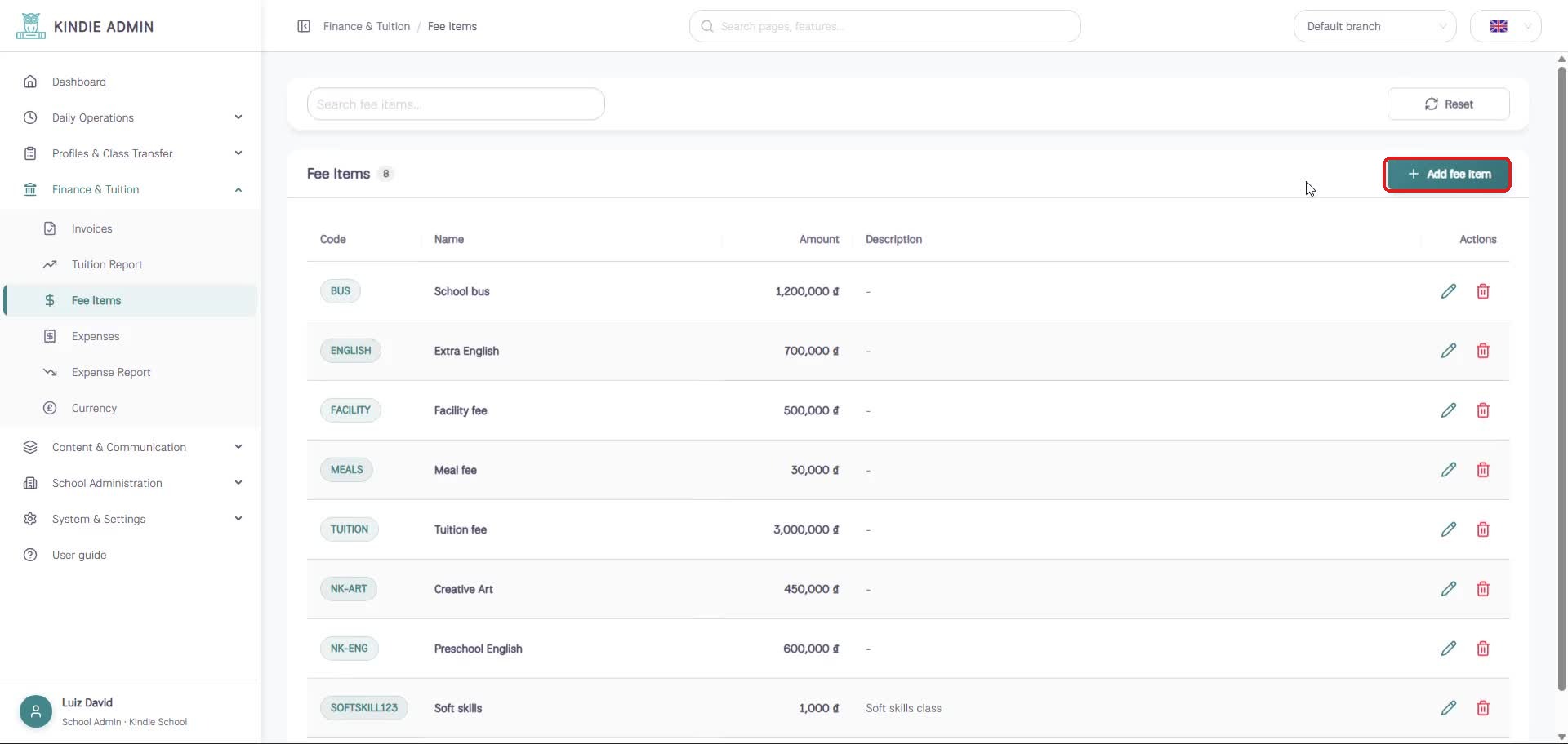 Fee Items list