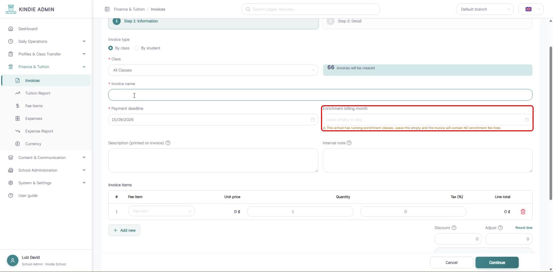 Create invoice — Step 1: Information