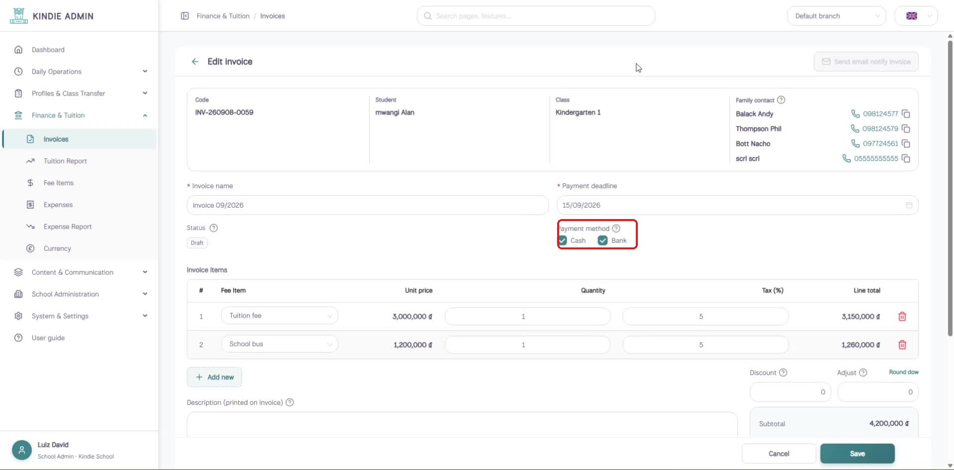 Edit invoice — payment method