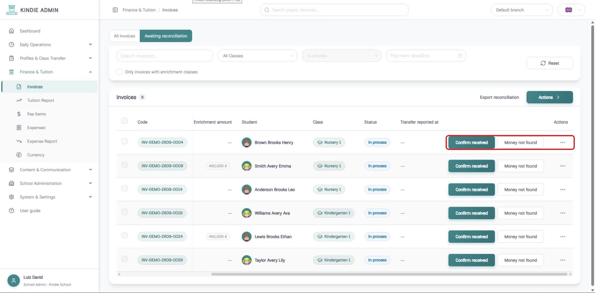 Awaiting reconciliation tab