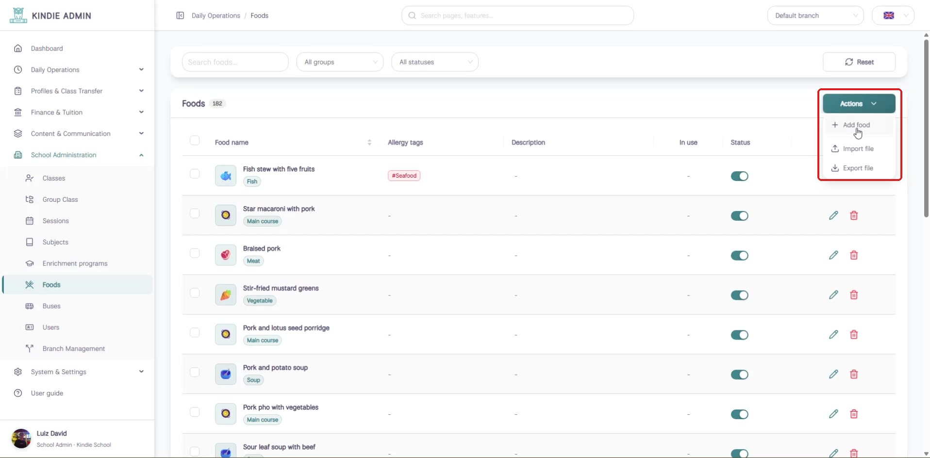 Actions menu