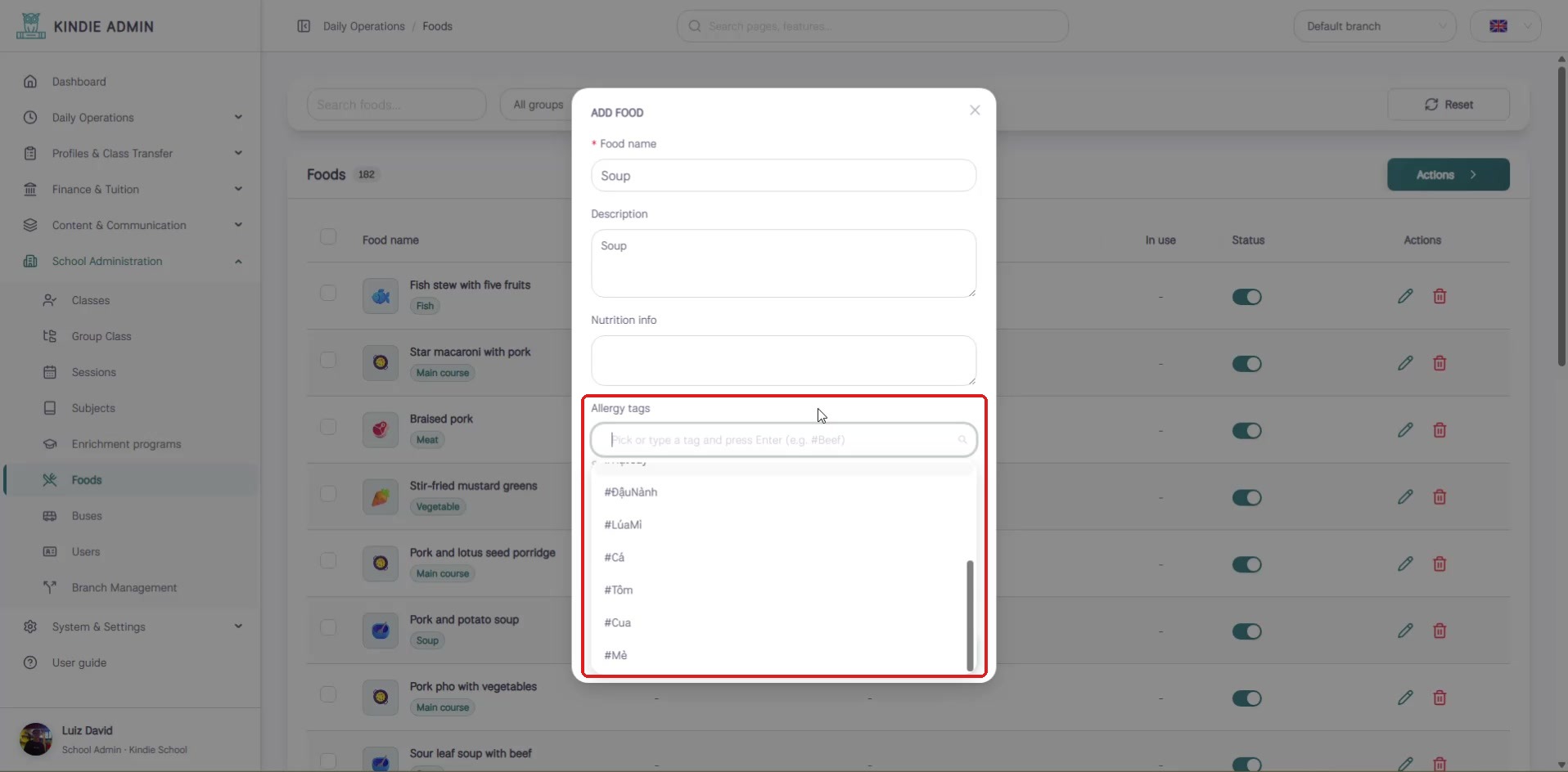 Allergy tags dropdown