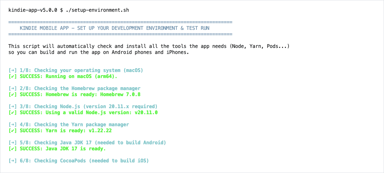 ./setup-environment.sh starts and checks the operating system, Homebrew, Node.js, Yarn and Java.