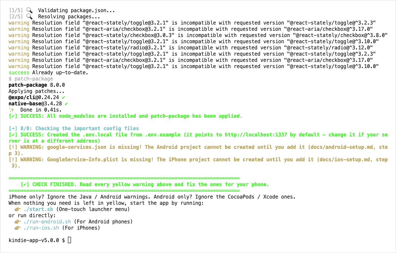 The script finished: it installed the libraries, created .env.local and warns that the Firebase files are missing.