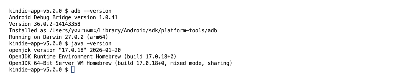 adb --version prints the Android Debug Bridge version and java -version prints openjdk 17.