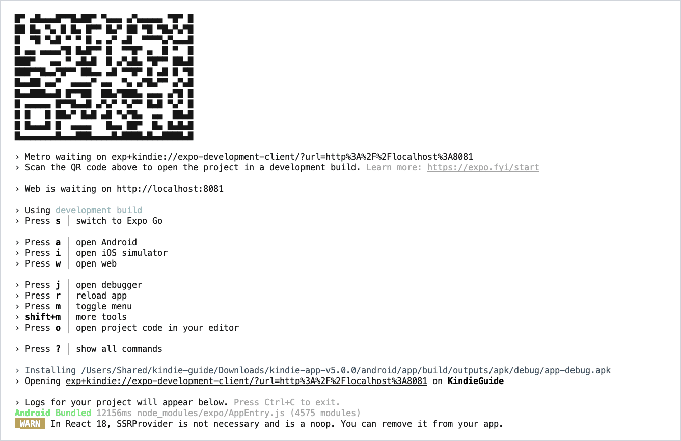 The build is done: the app is installed and opened, and the code server prints Android Bundled.