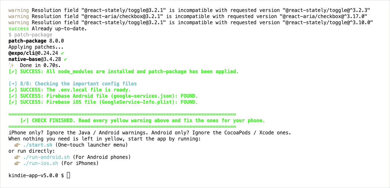 The setup helper finished: libraries installed, .env.local ready and both Firebase files found.