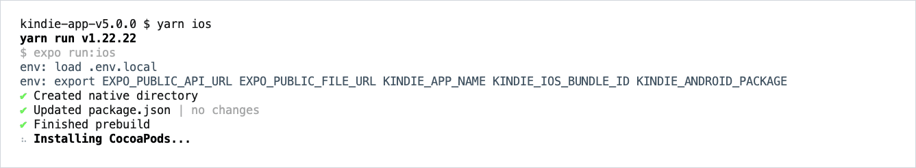 yarn ios creates the ios/ folder and starts installing CocoaPods.