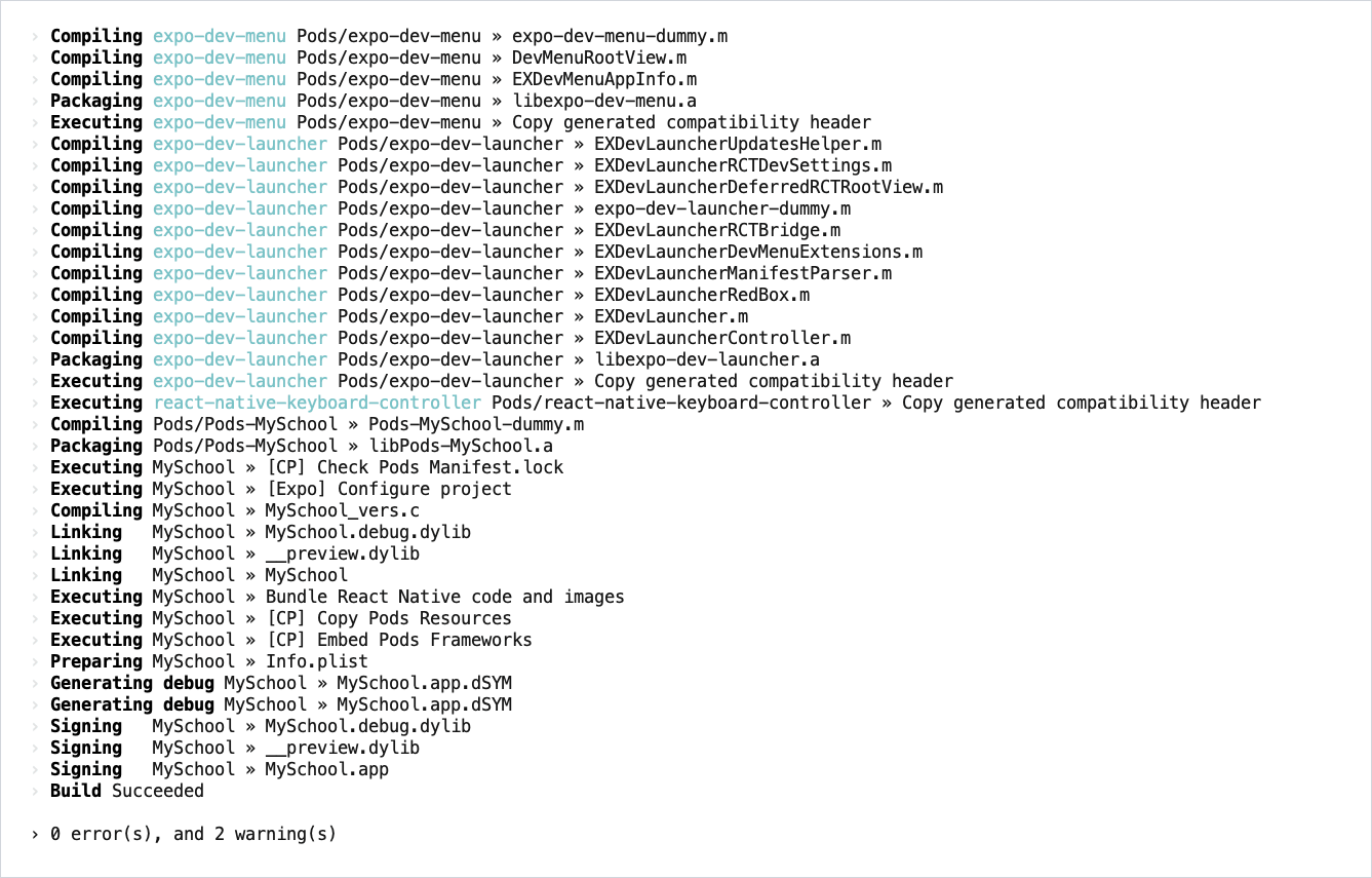 The Xcode build ends with Build Succeeded and 0 errors.