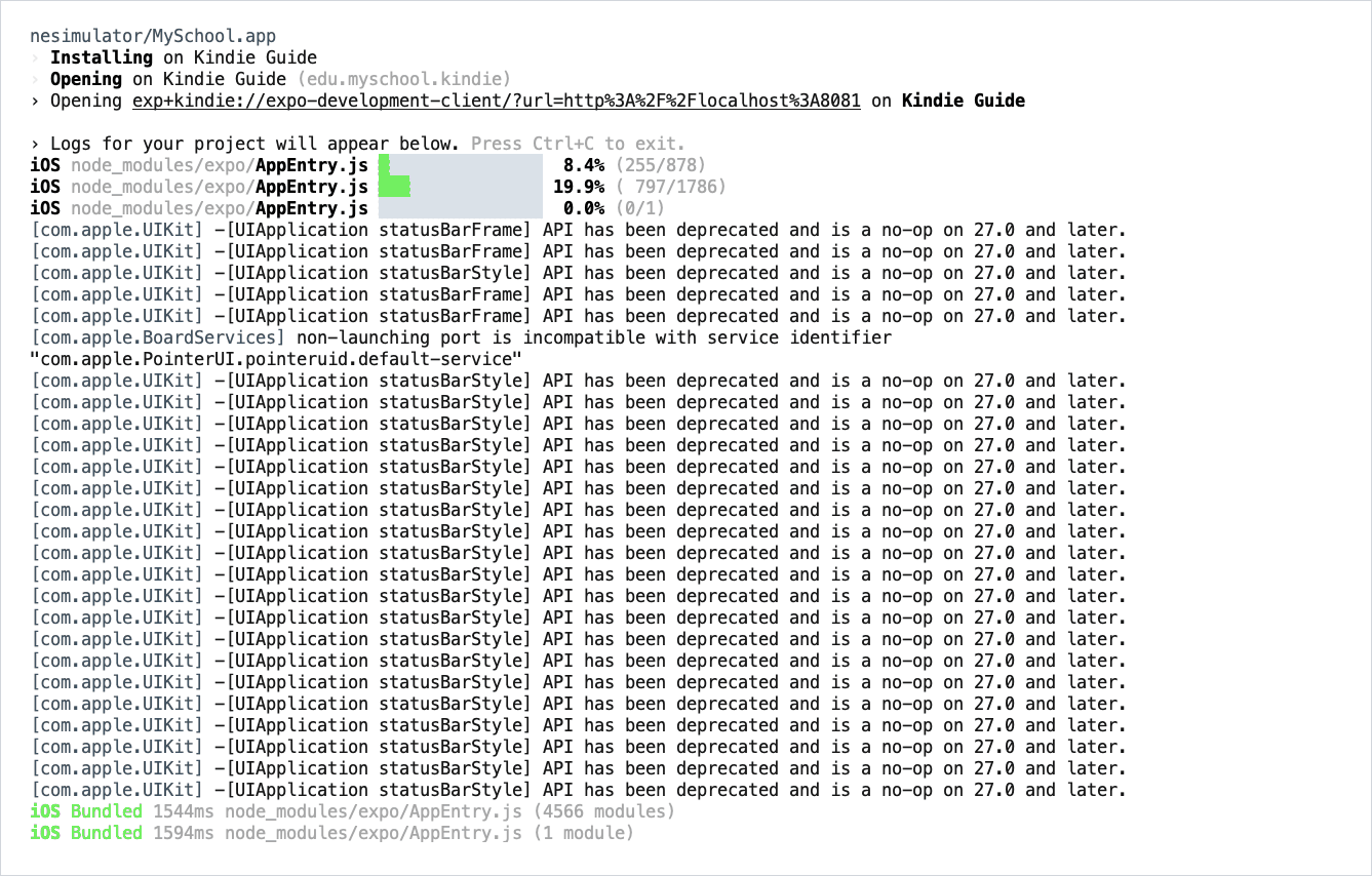 The app is installed and opened on the Simulator; the code server prints iOS Bundled.