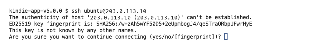 The first connection asks whether to trust the server: type yes.