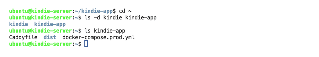 On the server: the folders kindie and kindie-app, and the three items inside kindie-app.