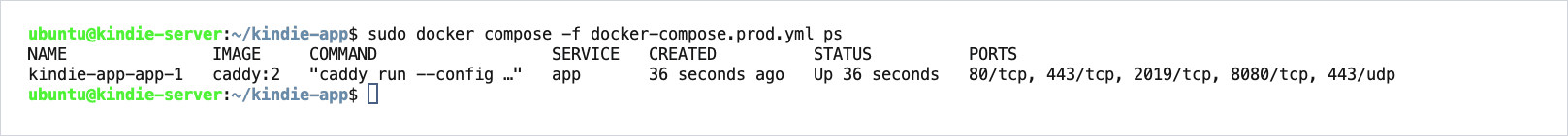 docker compose ps: the app container is Up.