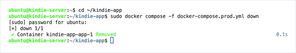 docker compose down removes the app container.