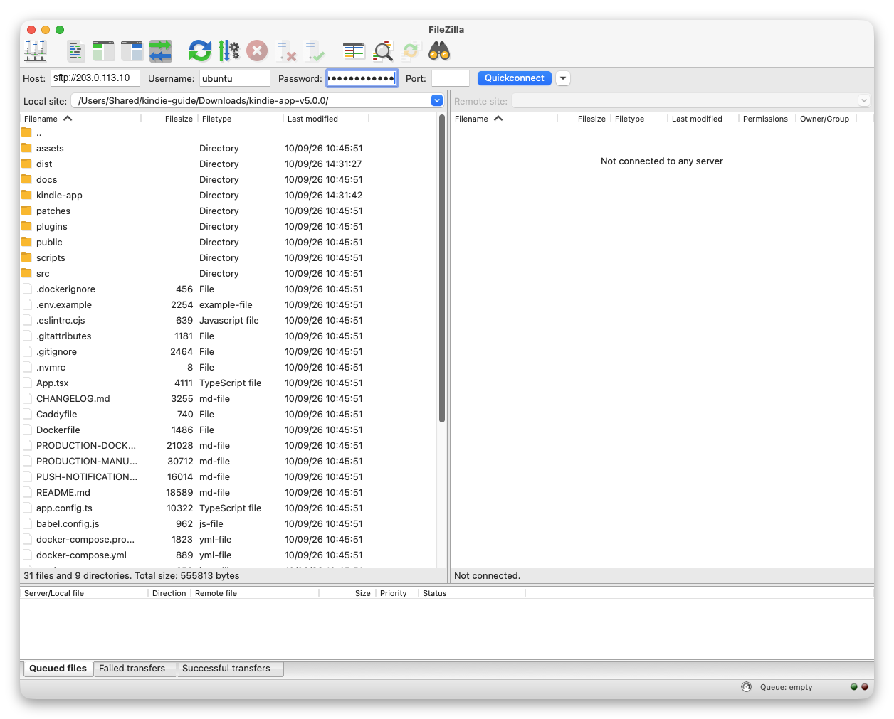 FileZilla: the bar at the top filled in with Host (sftp:// and the server address), Username and Password.