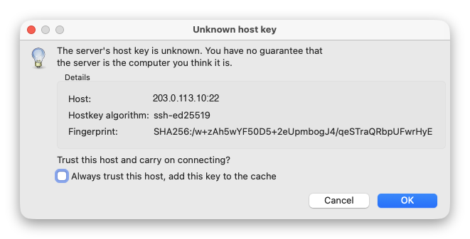 The first time, FileZilla asks whether to trust the server: click OK.