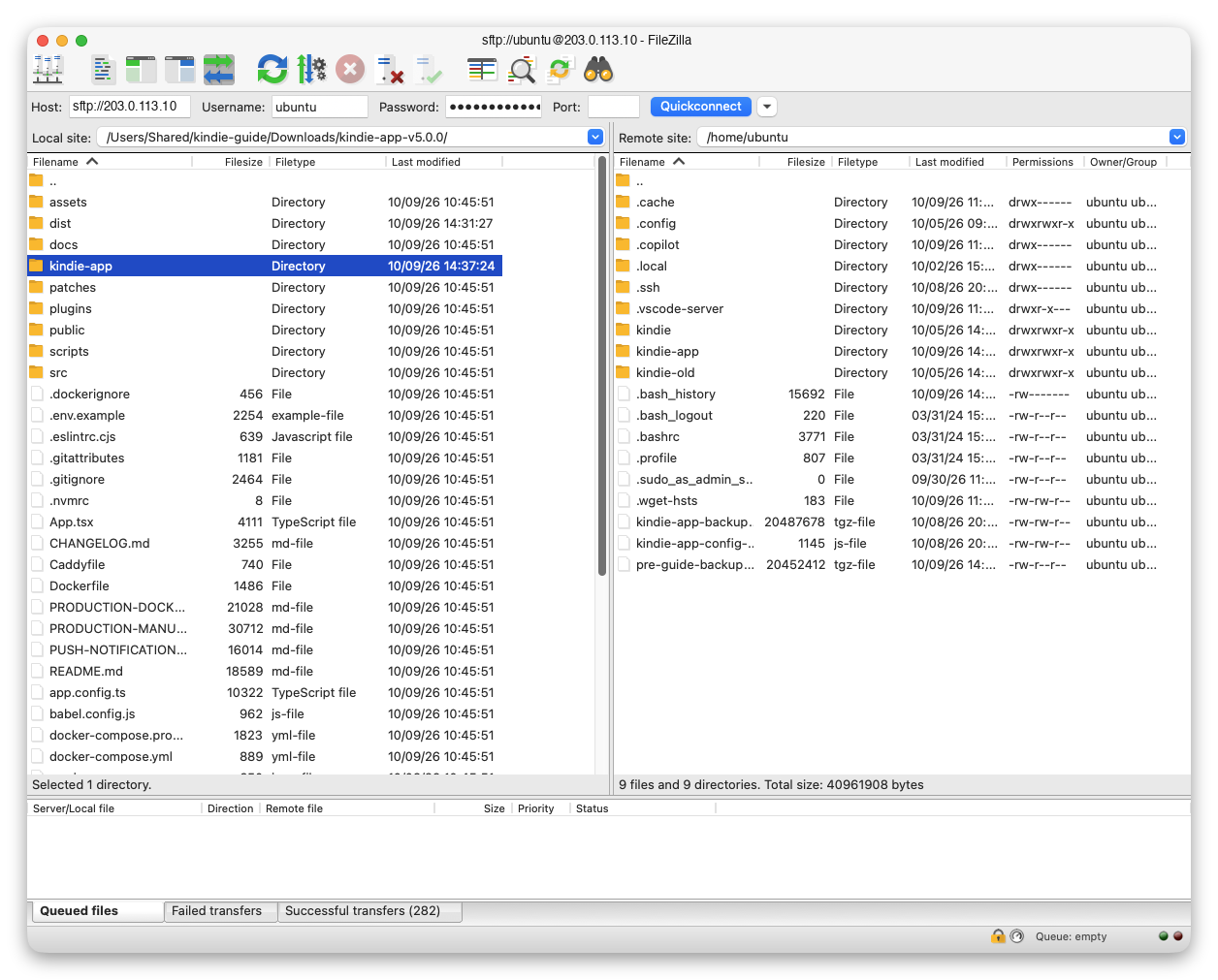 After the drag: the folder kindie-app is now on the server (right) and the queue is empty.