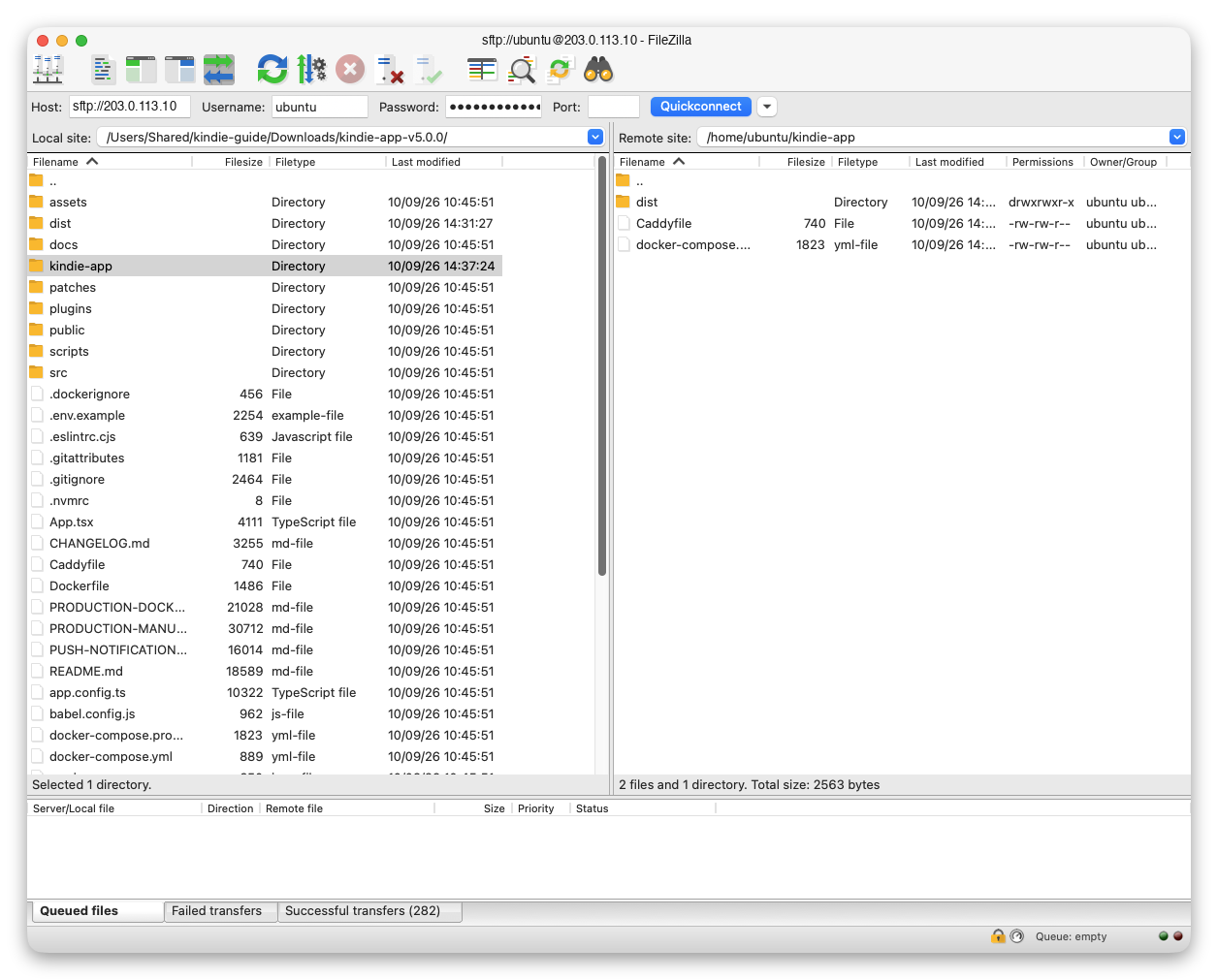 Double-click kindie-app on the right: docker-compose.prod.yml, Caddyfile and dist are inside it.