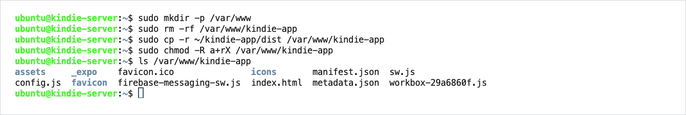 The app is copied to /var/www/kindie-app; ls shows index.html and config.js among its files.