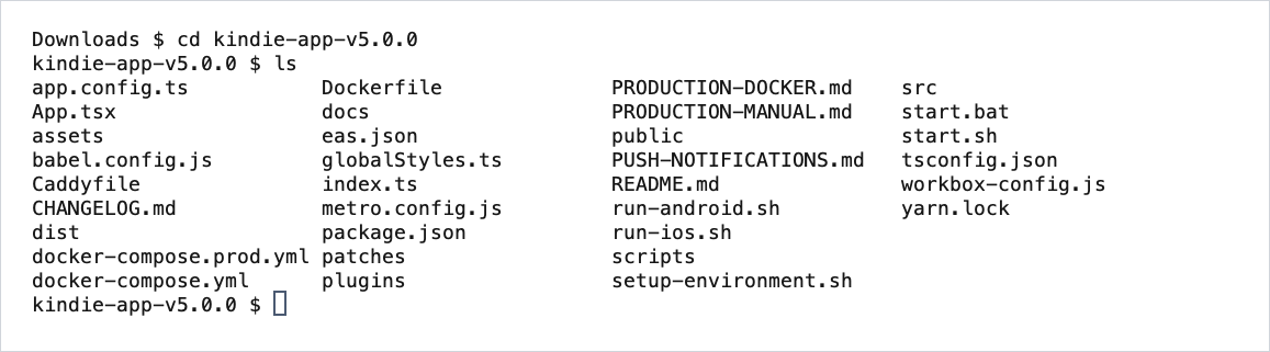 Terminal after typing cd kindie-app-v5.0.0 and ls: the project files are listed.