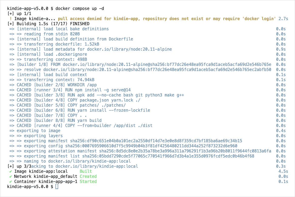 The Docker build finishes with Image Built, Network Created and Container Started.
