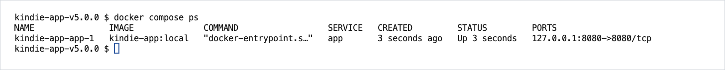 docker compose ps shows the kindie-app container Up on port 8080.