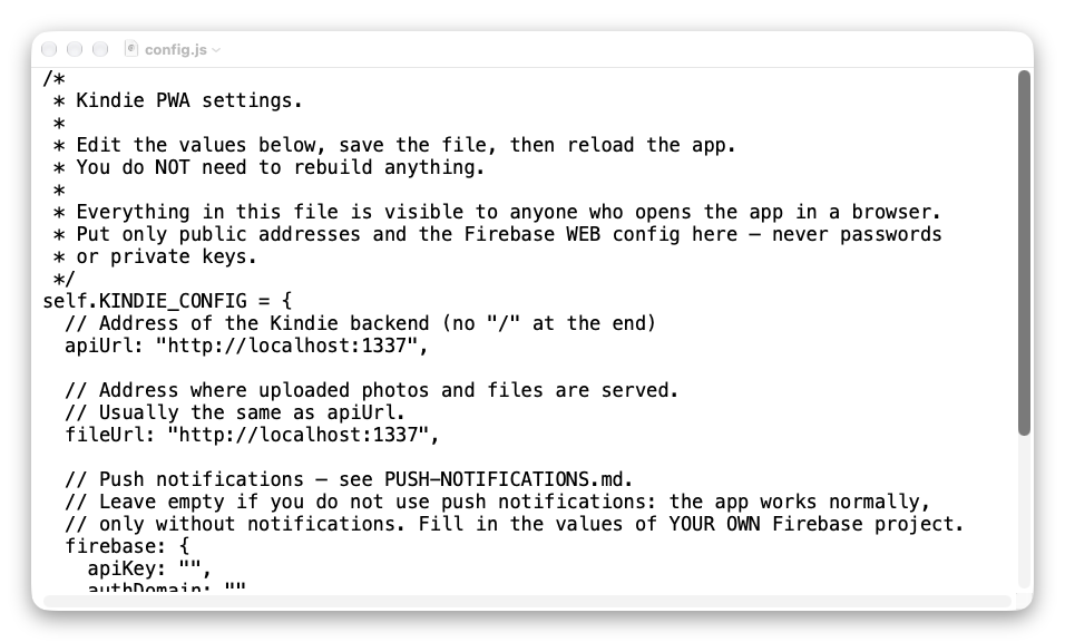 dist/config.js opened in a text editor: apiUrl and fileUrl point to http://localhost:1337.