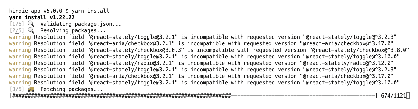 yarn install in progress: five steps and a progress bar.