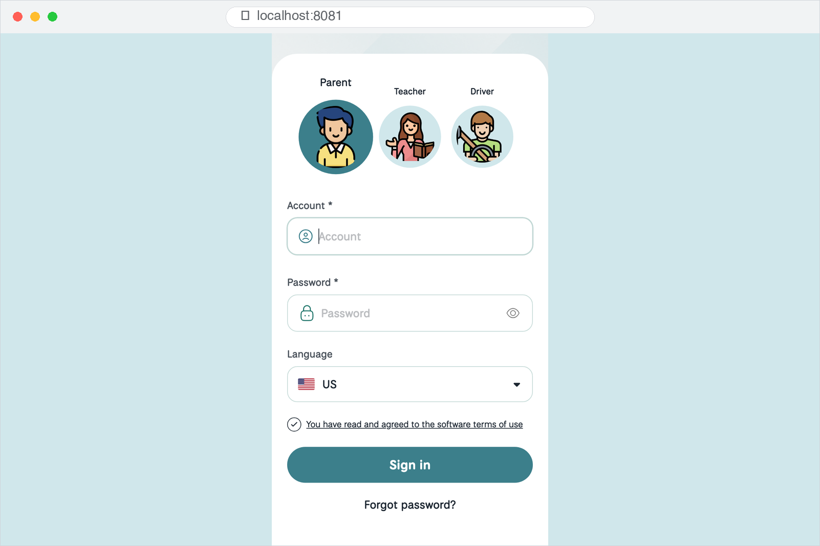 The sign-in screen served by yarn web at http://localhost:8081.