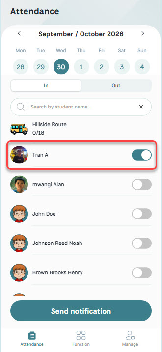Driver Attendance — student checked in