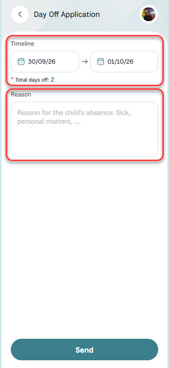 Day Off Application form with date range and reason