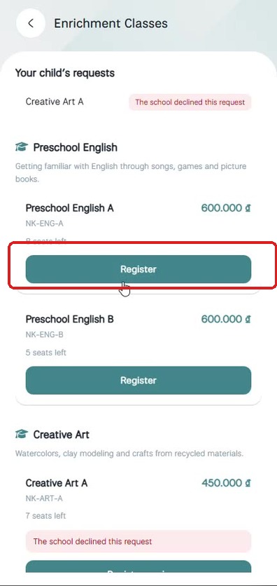 Enrichment Classes list with Register button