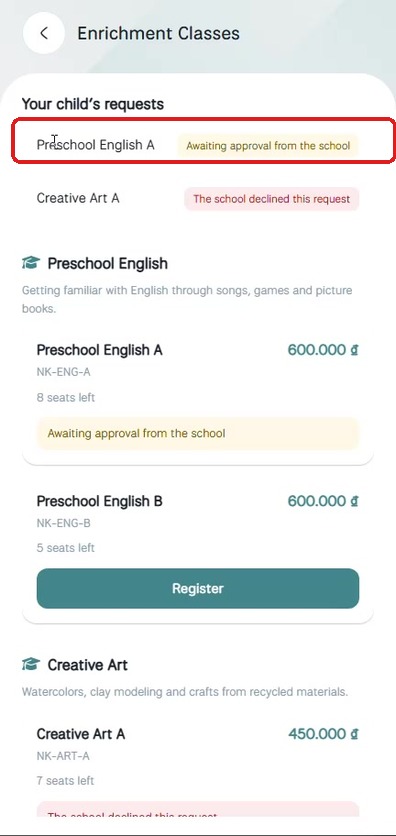 Enrichment Classes — request status