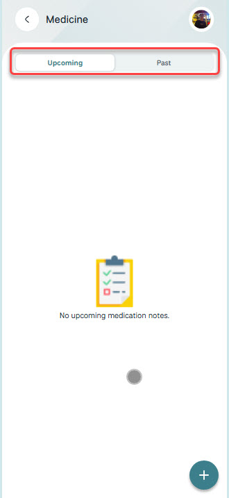 Medicine screen — Upcoming/Past tabs