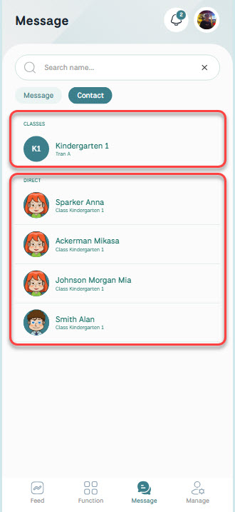 Message tab — class group and direct contacts