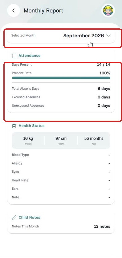 Monthly Report — month selector and attendance summary