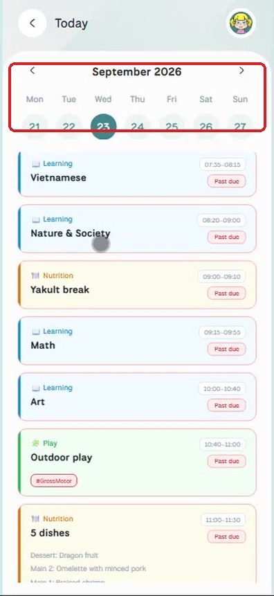 Today screen — weekly date strip and daily schedule