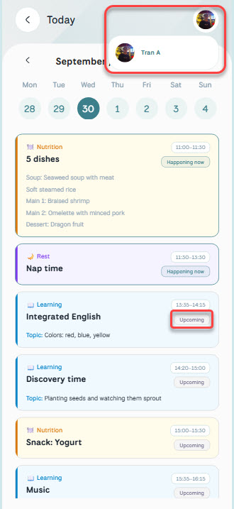 Today screen — child selector and Upcoming status