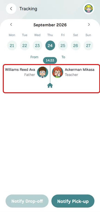 Tracking screen — From/To handover and notify buttons