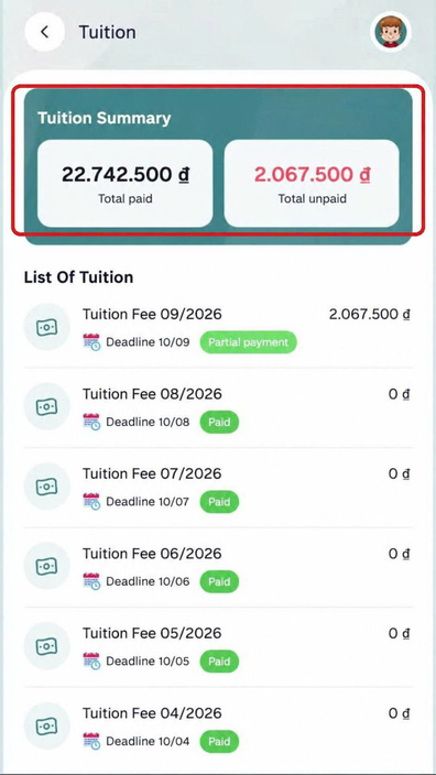 Tuition summary and monthly list