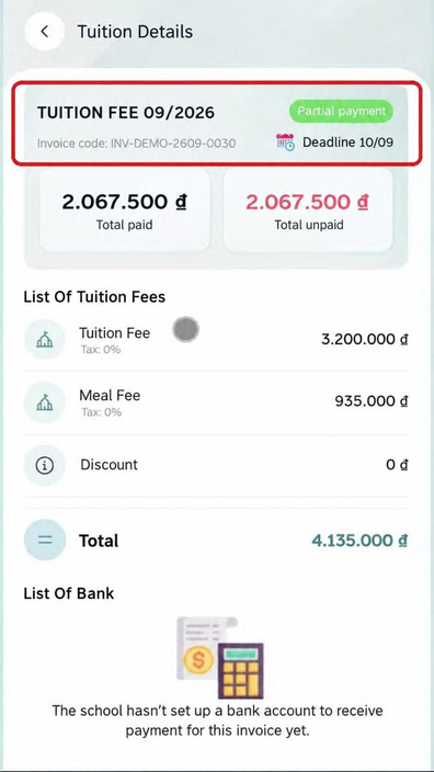 Tuition invoice details