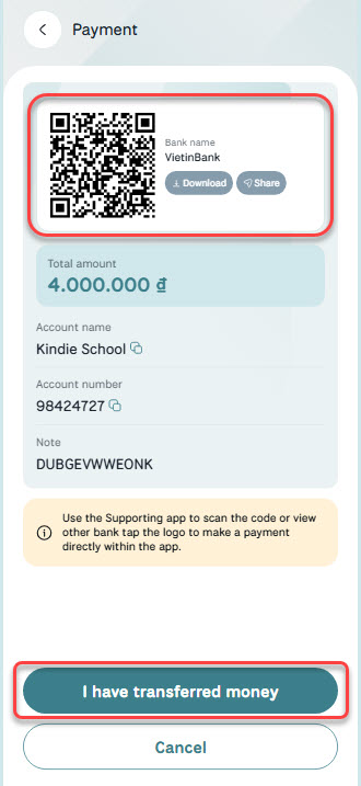 Payment screen with QR code