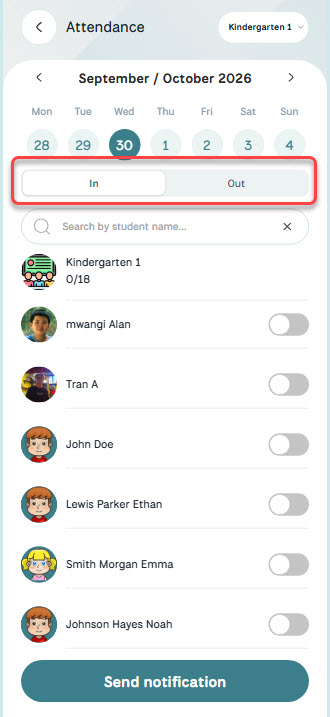Teacher Attendance screen — In/Out tabs and class roster