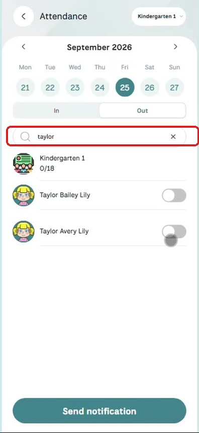 Teacher Attendance — search and toggles