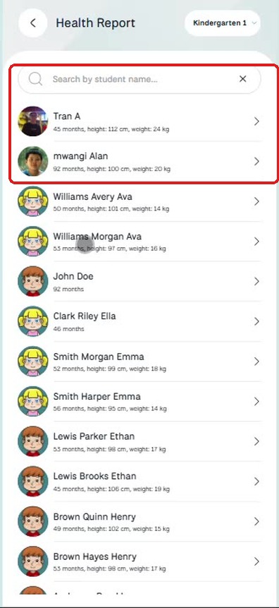 Teacher Health Report — class list