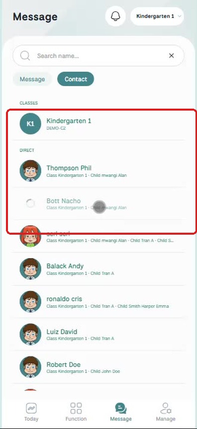 Teacher Message — contact list with class/child labels