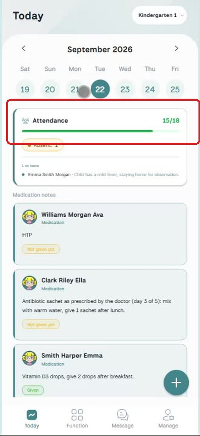Teacher Today — attendance summary and medication notes