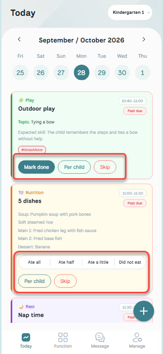 Teacher Today — Mark done, Per child, Skip