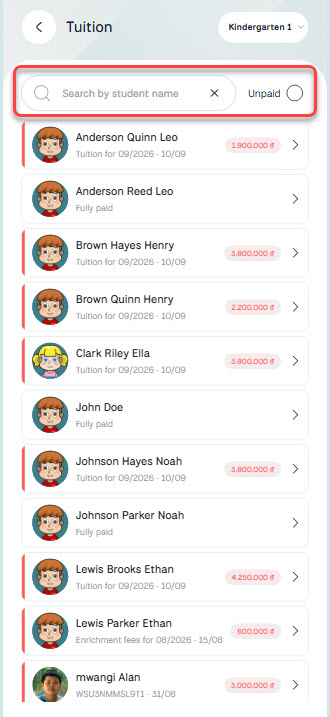Teacher Tuition — class list